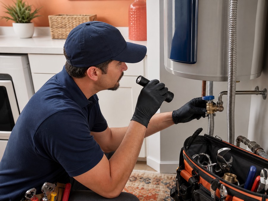 Plumber carefully inspecting a water heater valve